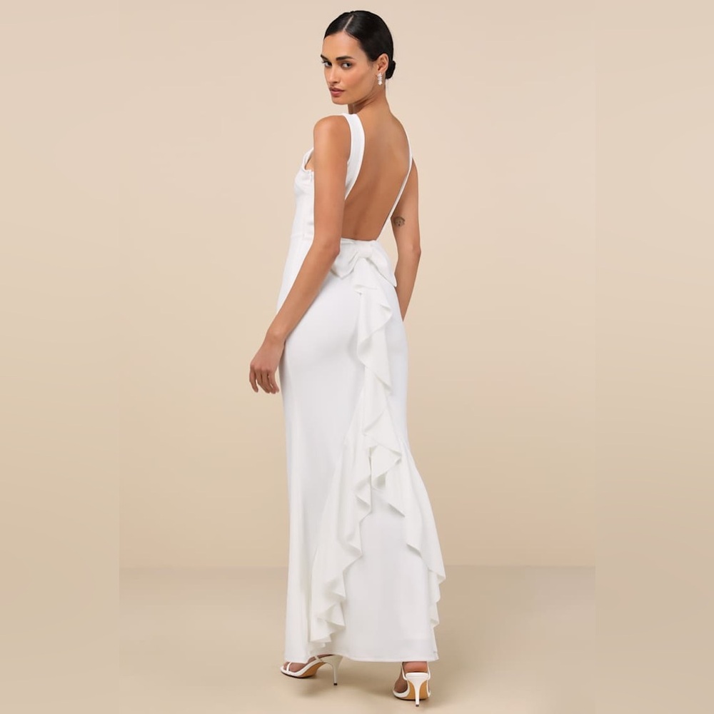 New Lulus Exquisite Refinement Ivory Backless Bow Ruffled Wedding Evening Dress
